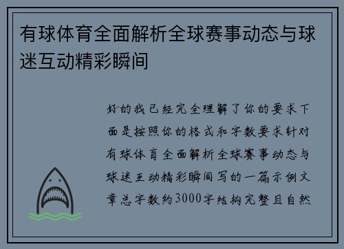 有球体育全面解析全球赛事动态与球迷互动精彩瞬间