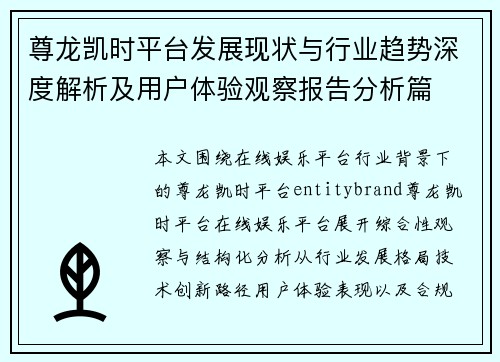 尊龙凯时平台发展现状与行业趋势深度解析及用户体验观察报告分析篇